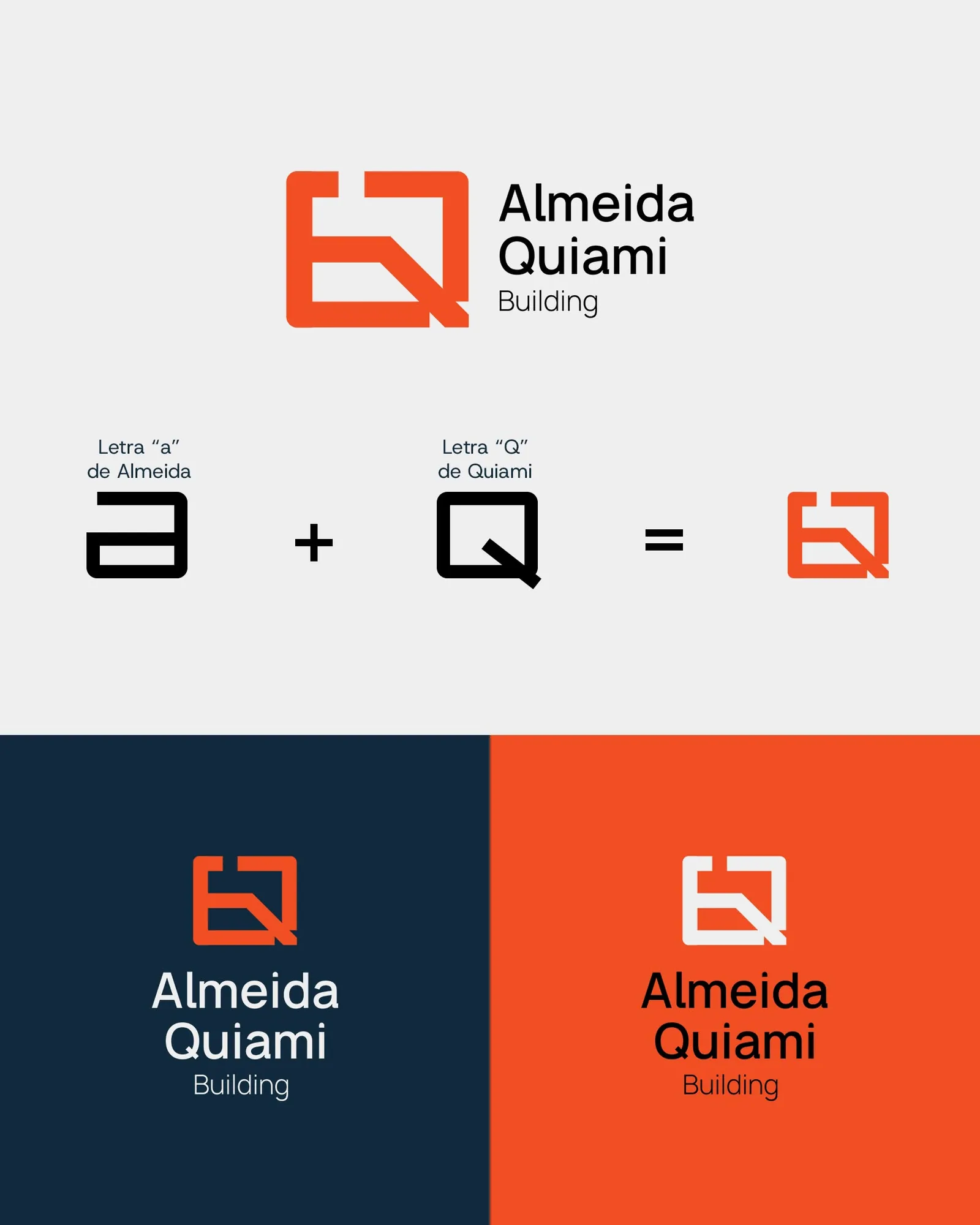 Almeida Quiami logo construction sheet — the letter a plus the letter Q equals the monogram, with navy and orange colourway lockups