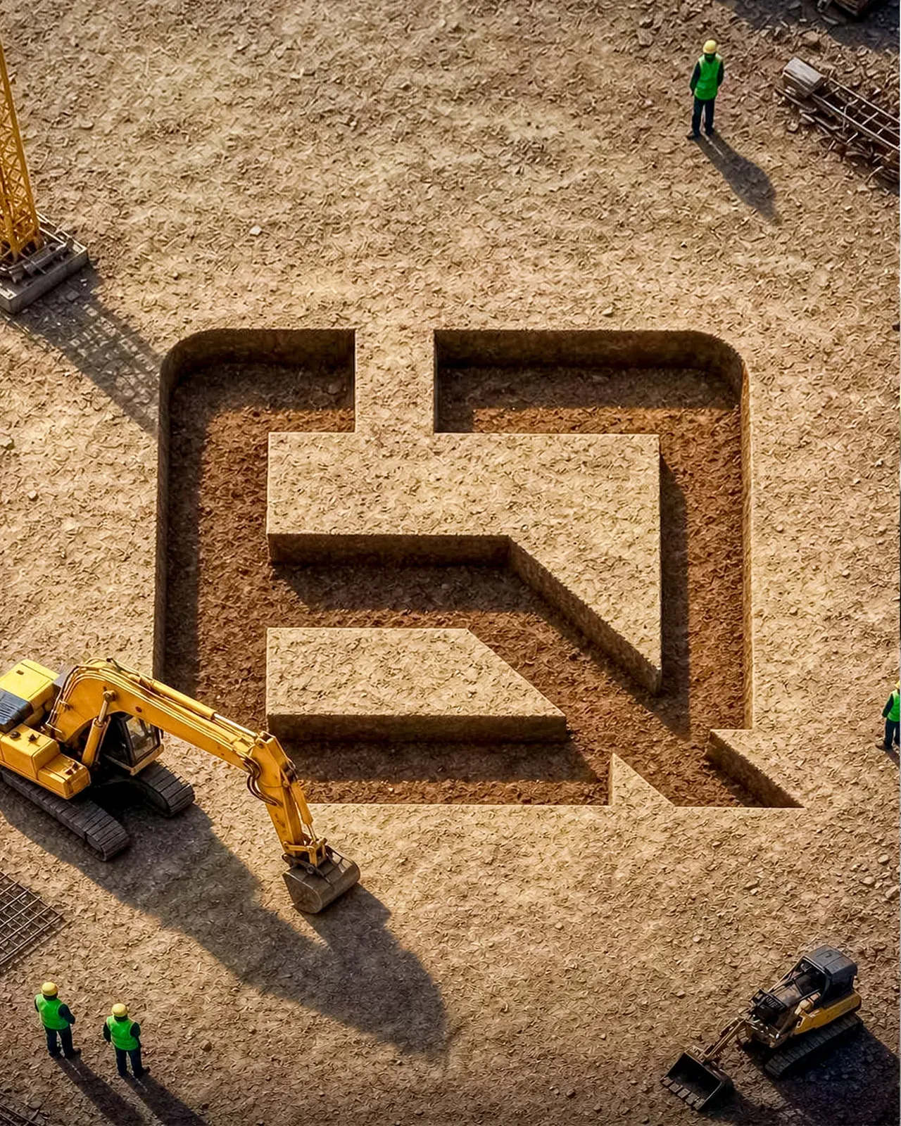 Aerial campaign visual — the Almeida Quiami monogram excavated into a construction site like a foundation, with diggers and workers around it