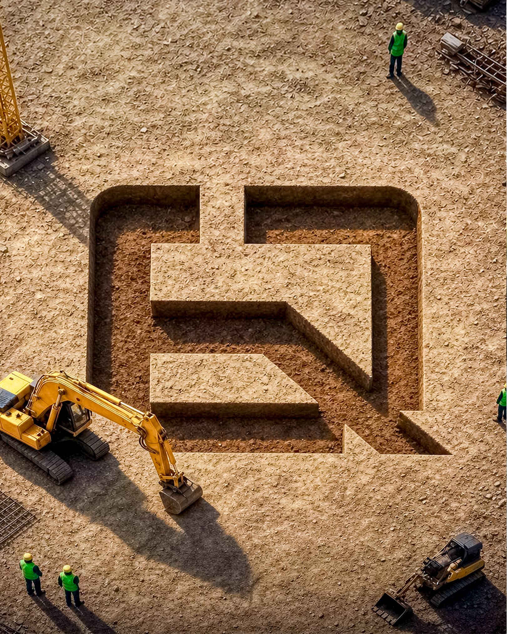 Aerial campaign visual — the Almeida Quiami monogram excavated into a construction site like a foundation, with diggers and workers around it