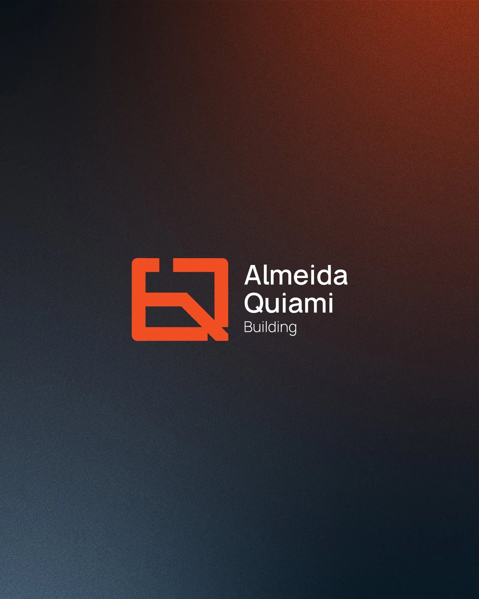 Almeida Quiami Building lockup — orange a + Q monogram and white wordmark on navy