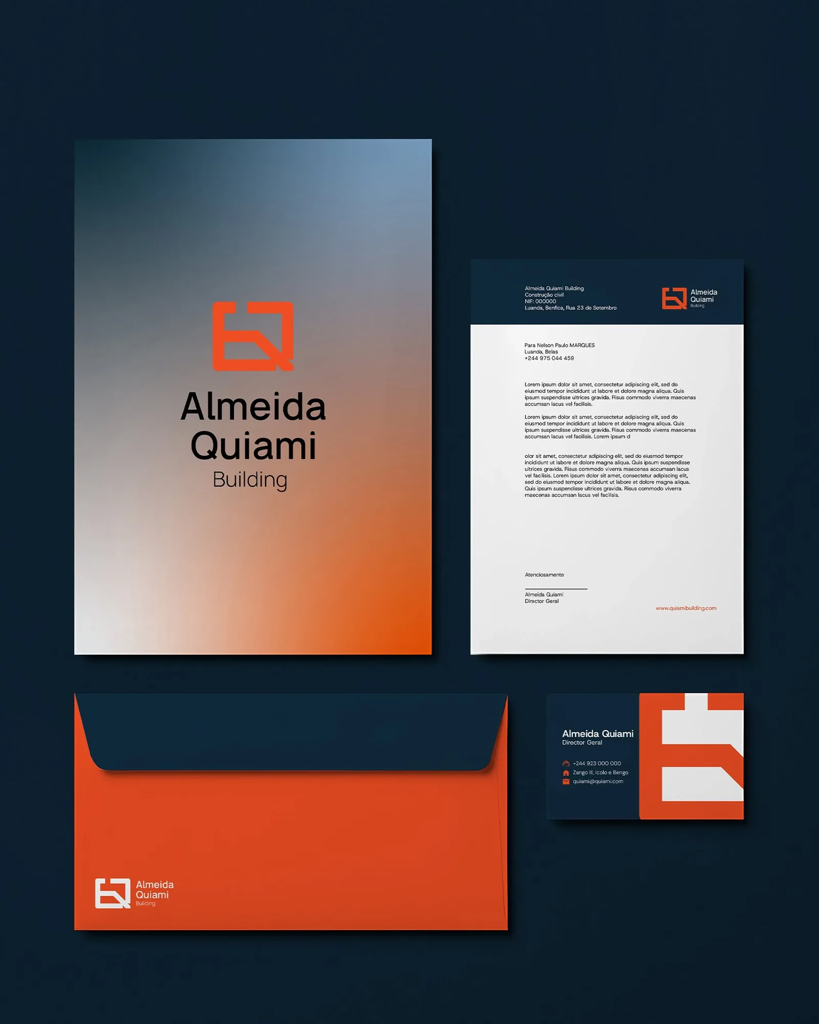 Almeida Quiami stationery system — brand folder on a gradient cover, navy-banded letterhead, orange envelope and navy business card