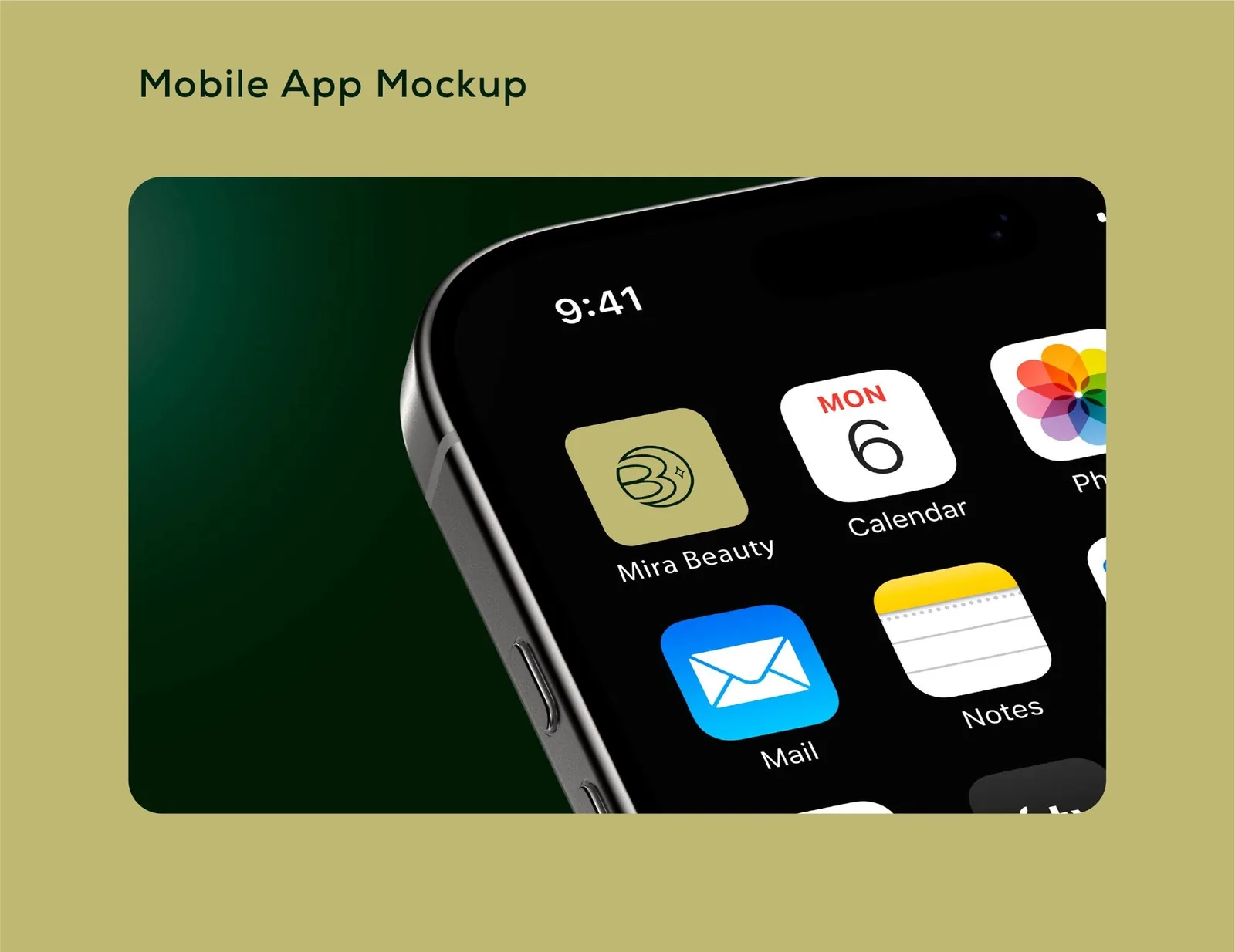 Mira Beauty app icon on an iPhone home screen — chartreuse tile with the forest-green crescent monogram