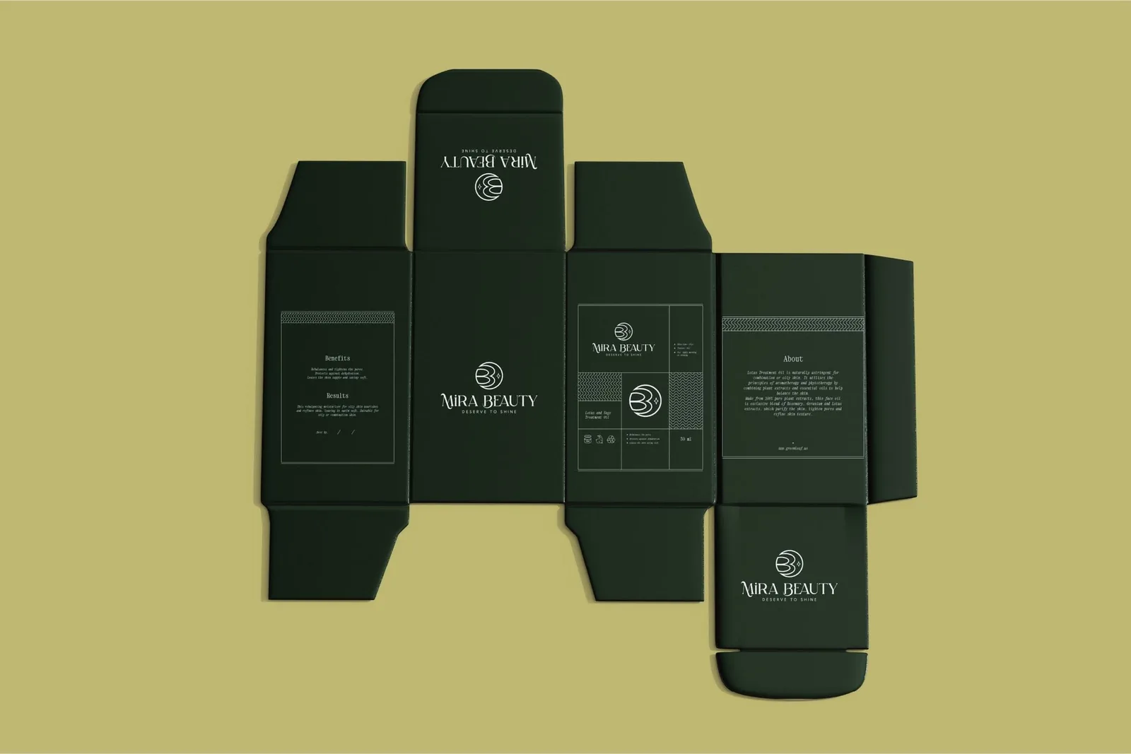 Mira Beauty box dieline — flat forest-green carton layout with benefits, about and pattern panels