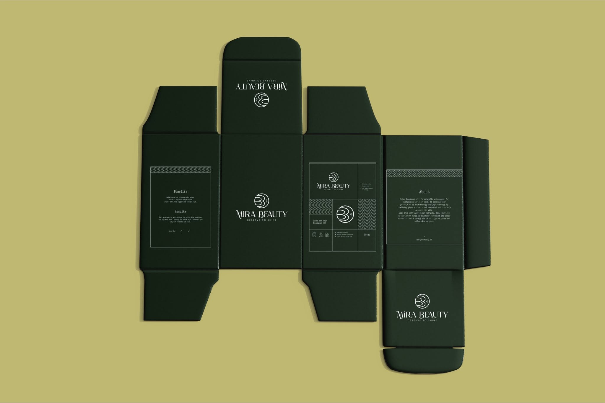 Mira Beauty box dieline — flat forest-green carton layout with benefits, about and pattern panels