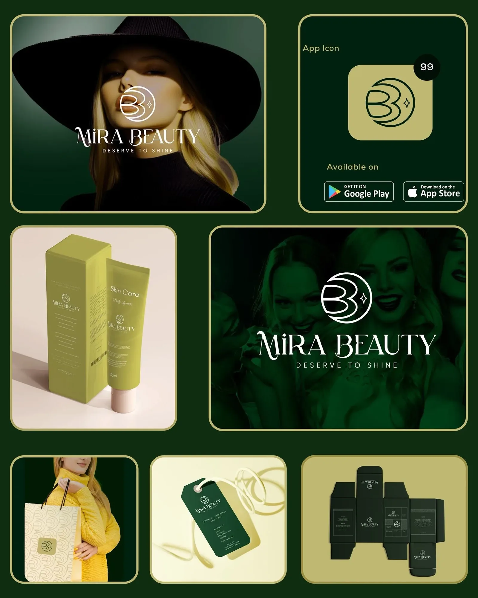 Mira Beauty brand board — campaign portrait, app icon, packaging, pattern, hang tag and dieline arranged in a chartreuse-framed grid