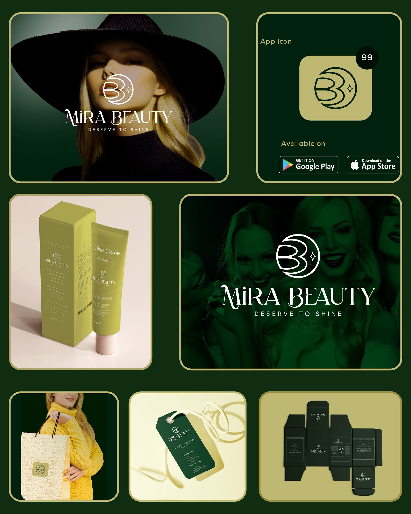 Mira Beauty brand board — campaign portrait, app icon, packaging, pattern, hang tag and dieline arranged in a chartreuse-framed grid