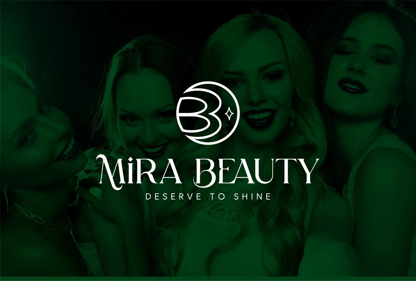 Mira Beauty lockup — white crescent-moon monogram and serif wordmark on green