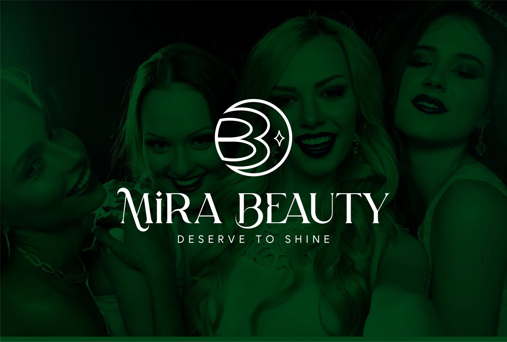 Lockup Mira Beauty — monogramme lune en croissant blanc et logotype serif sur vert