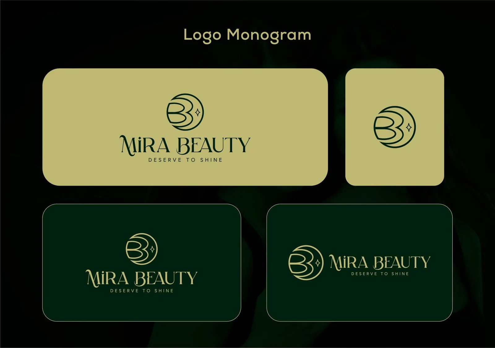 Mira Beauty logo monogram sheet — four lockup variations tested on chartreuse and forest-green grounds