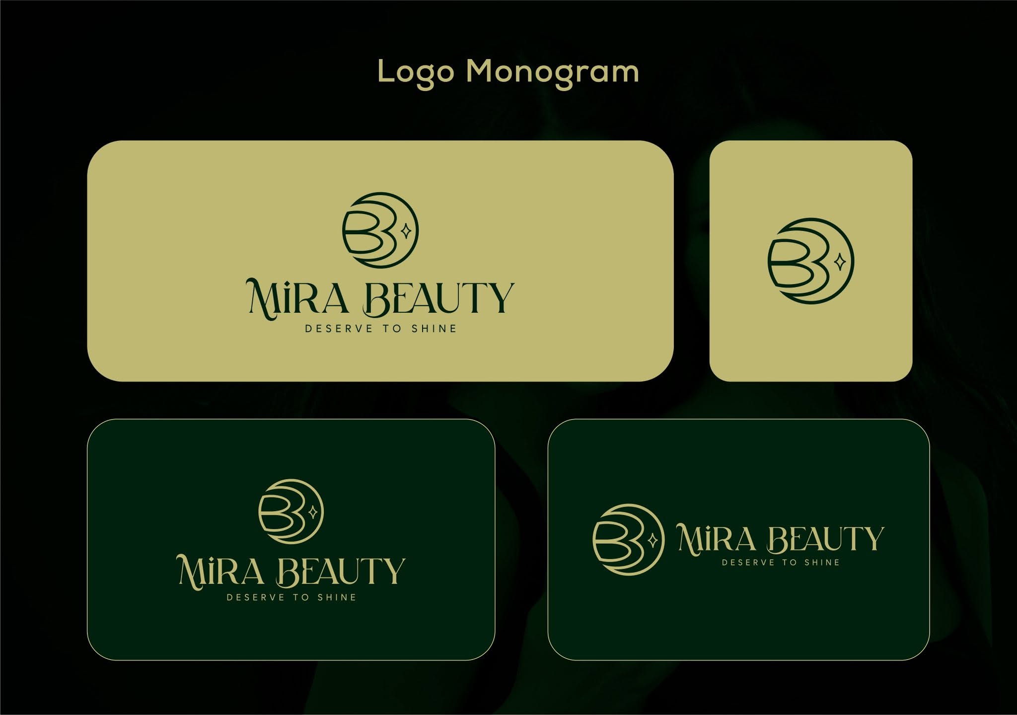 Mira Beauty logo monogram sheet — four lockup variations tested on chartreuse and forest-green grounds