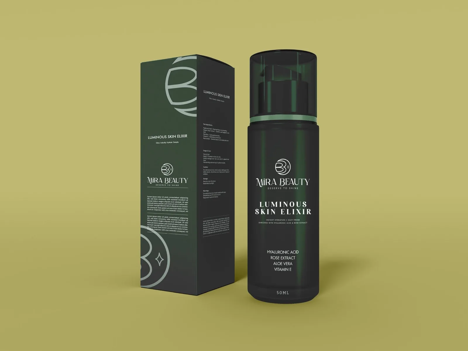 Mira Beauty Luminous Skin Elixir — dark forest-green pump bottle and box with the monogram as an oversized panel graphic