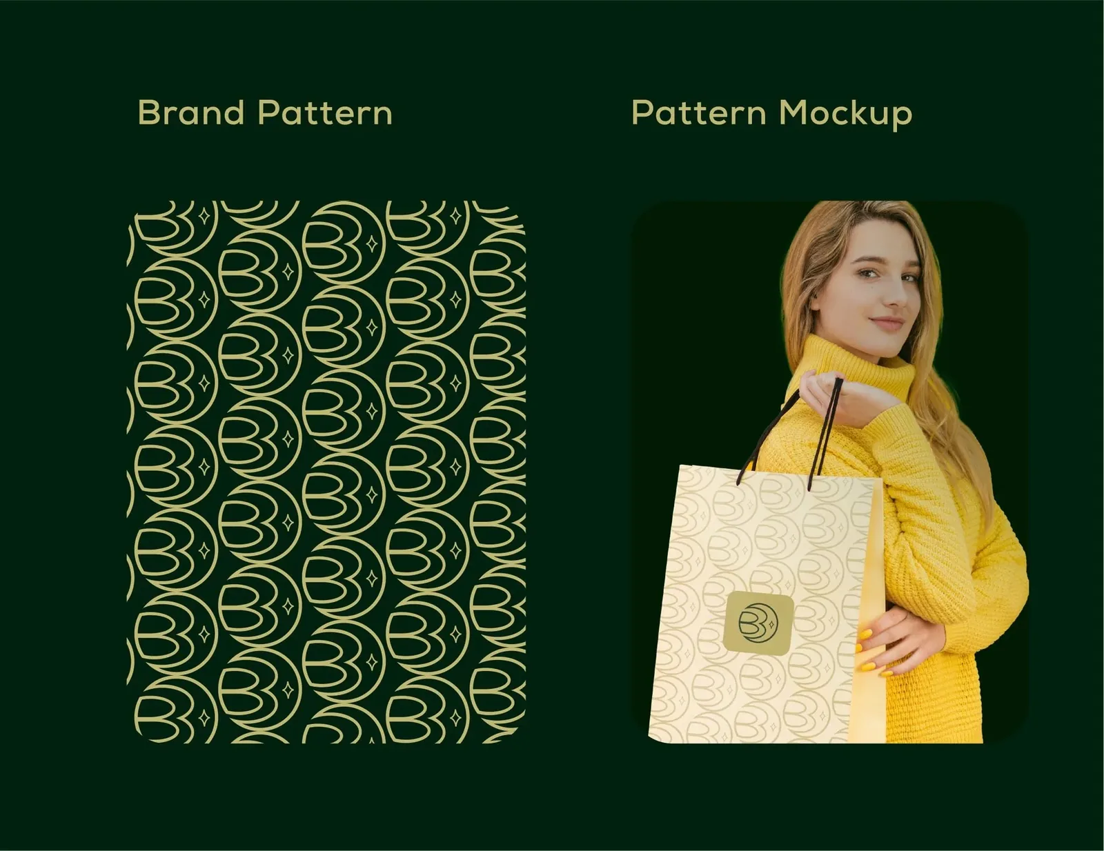 Mira Beauty brand pattern — tiled crescent-moon monogram in chartreuse on forest green, applied to a shopping bag