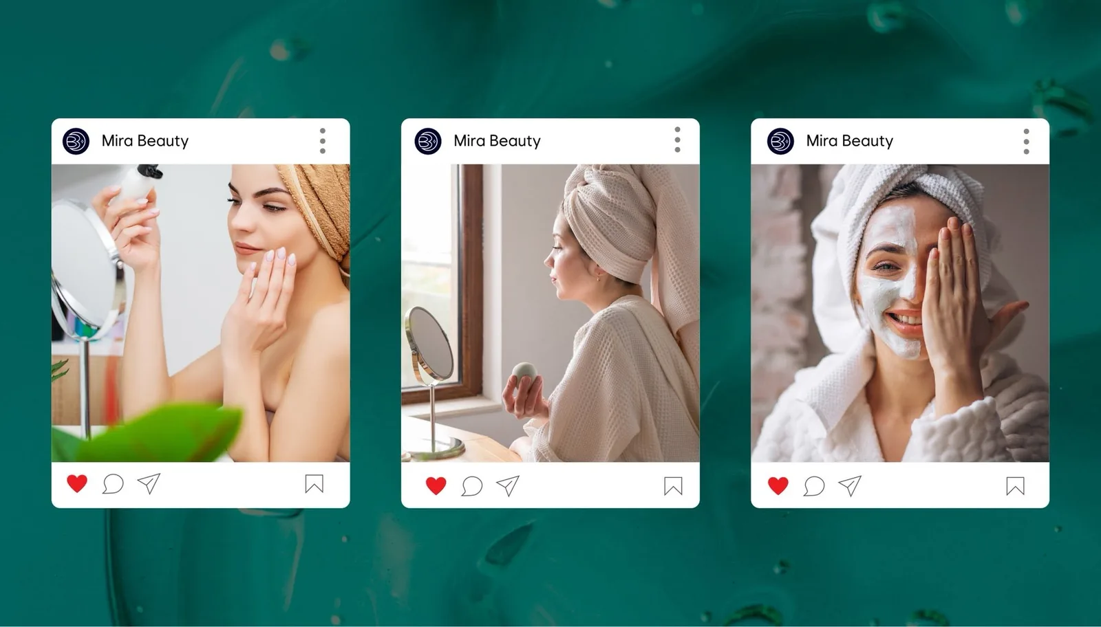 Mira Beauty Instagram feed templates — three branded posts on an emerald-green backdrop