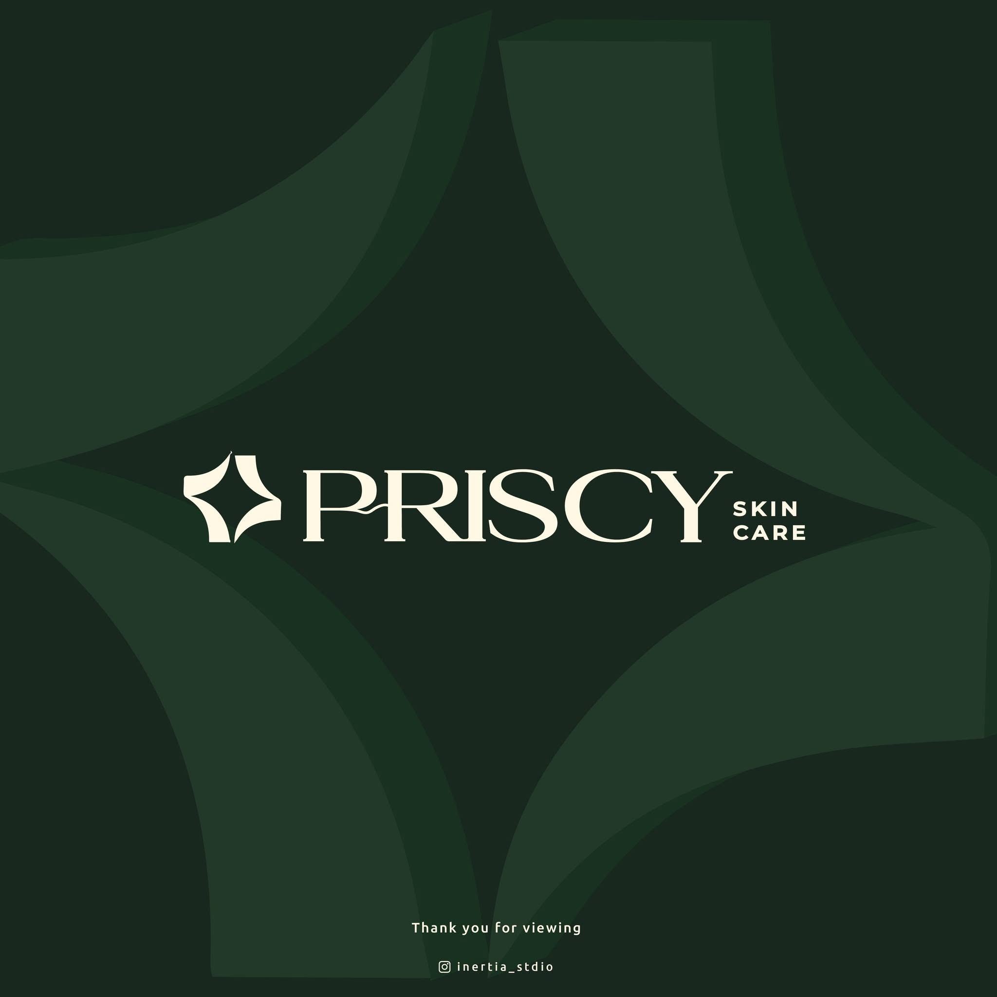 Lockup Priscy Skin Care — étoile crème et logotype serif sur vert forêt