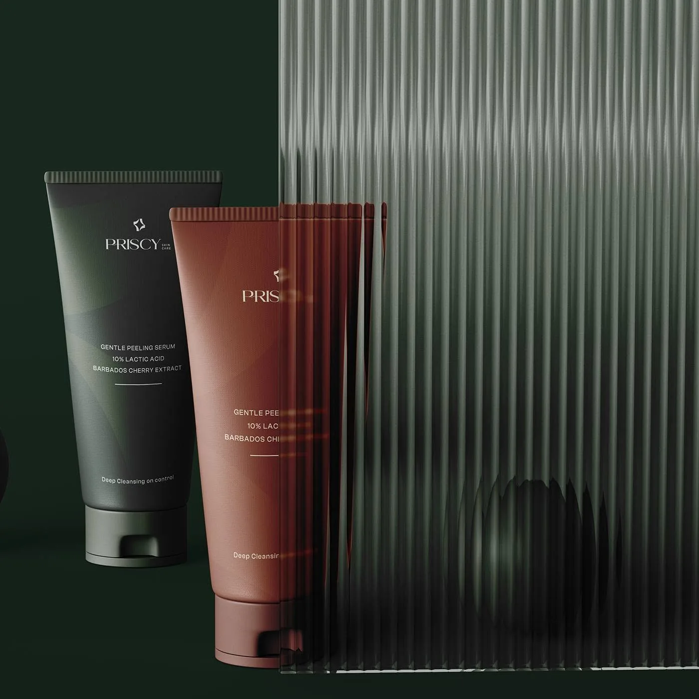 Priscy packaging — forest-green and terracotta serum tubes behind reeded glass