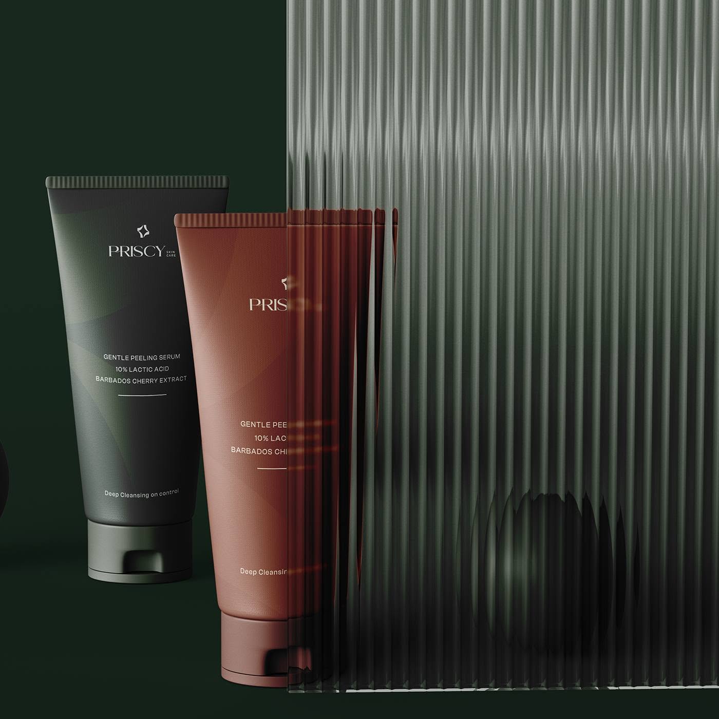 Priscy packaging — forest-green and terracotta serum tubes behind reeded glass