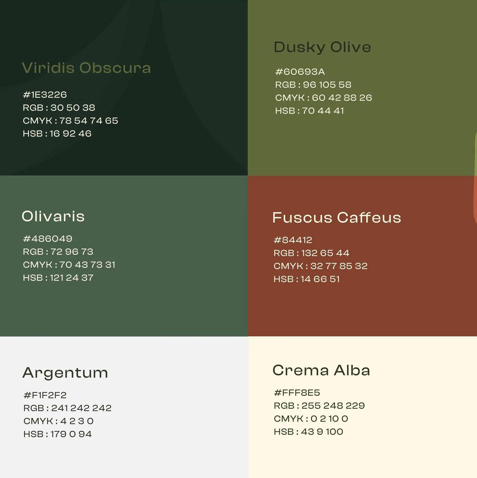 Priscy color palette — Viridis Obscura, Dusky Olive, Olivaris, Fuscus Caffeus, Argentum and Crema Alba with their color values