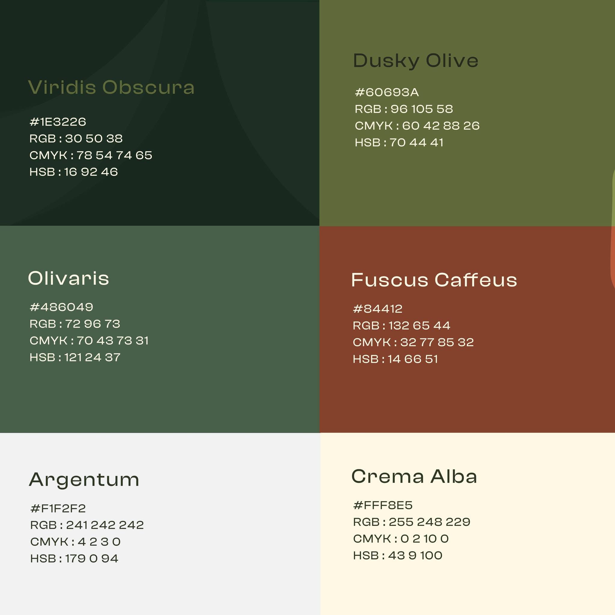 Priscy color palette — Viridis Obscura, Dusky Olive, Olivaris, Fuscus Caffeus, Argentum and Crema Alba with their color values