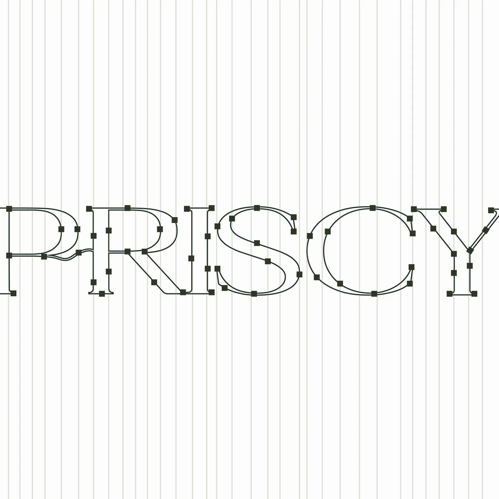 Priscy wordmark construction — Bézier outlines and anchor points of the serif letterforms on a vertical grid