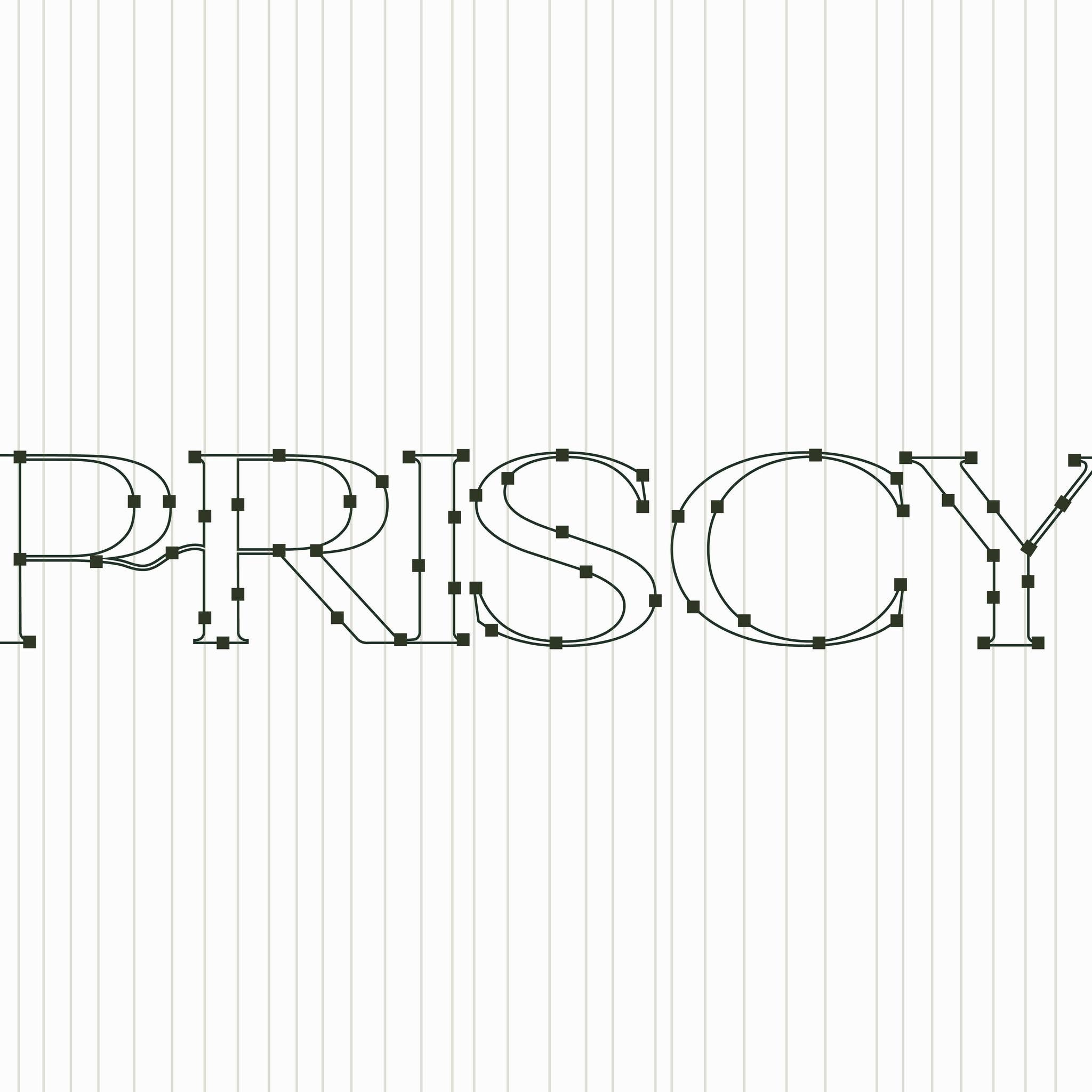 Priscy wordmark construction — Bézier outlines and anchor points of the serif letterforms on a vertical grid