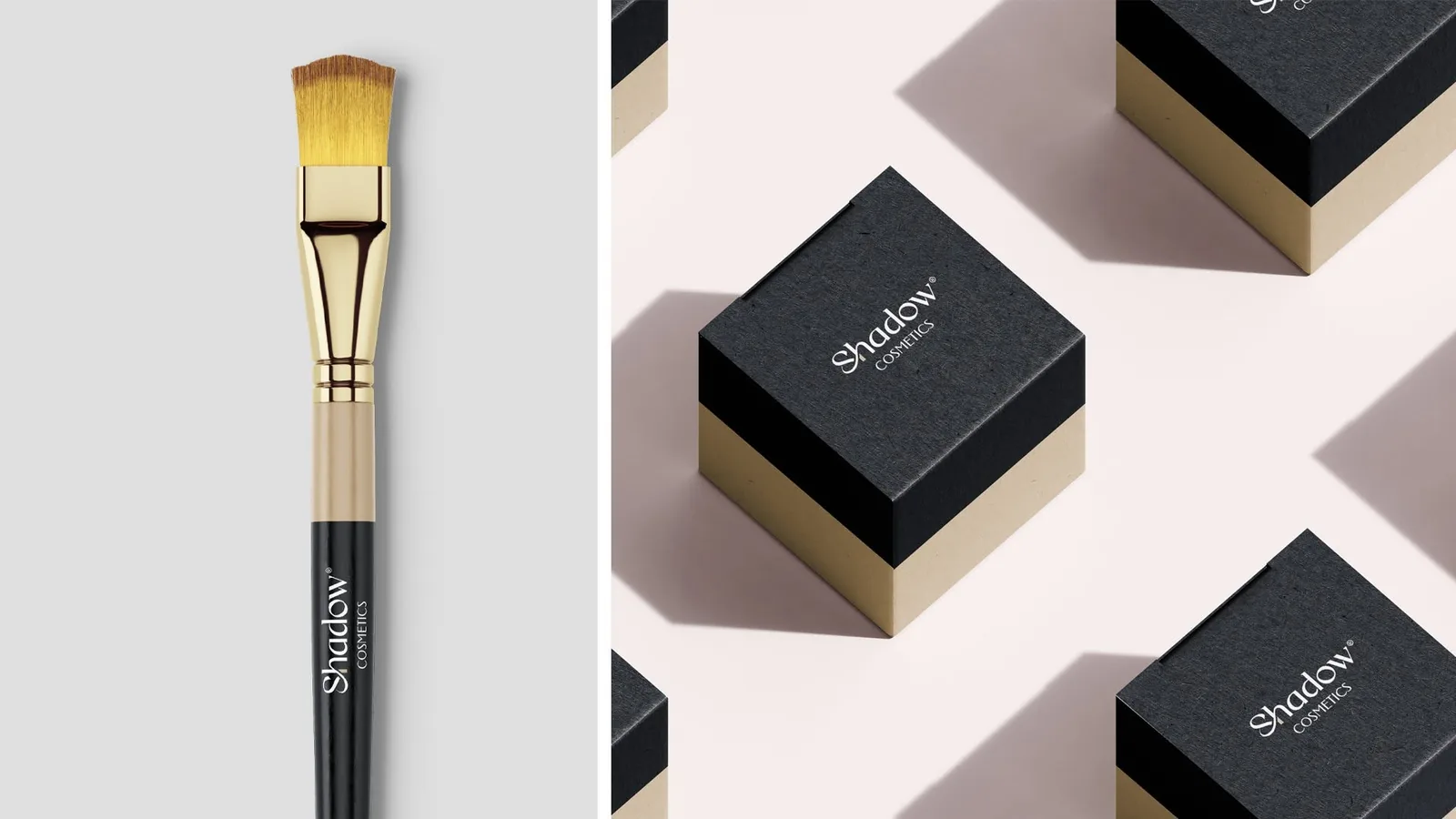Shadow Cosmetics branded brush with gold ferrule and black-and-kraft packaging boxes