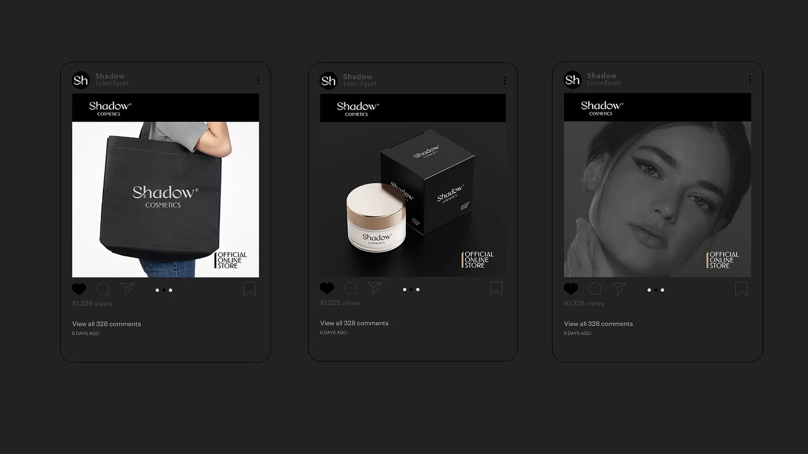 Shadow Cosmetics Instagram feed — tote bag, cream jar with packaging, and campaign portrait posts