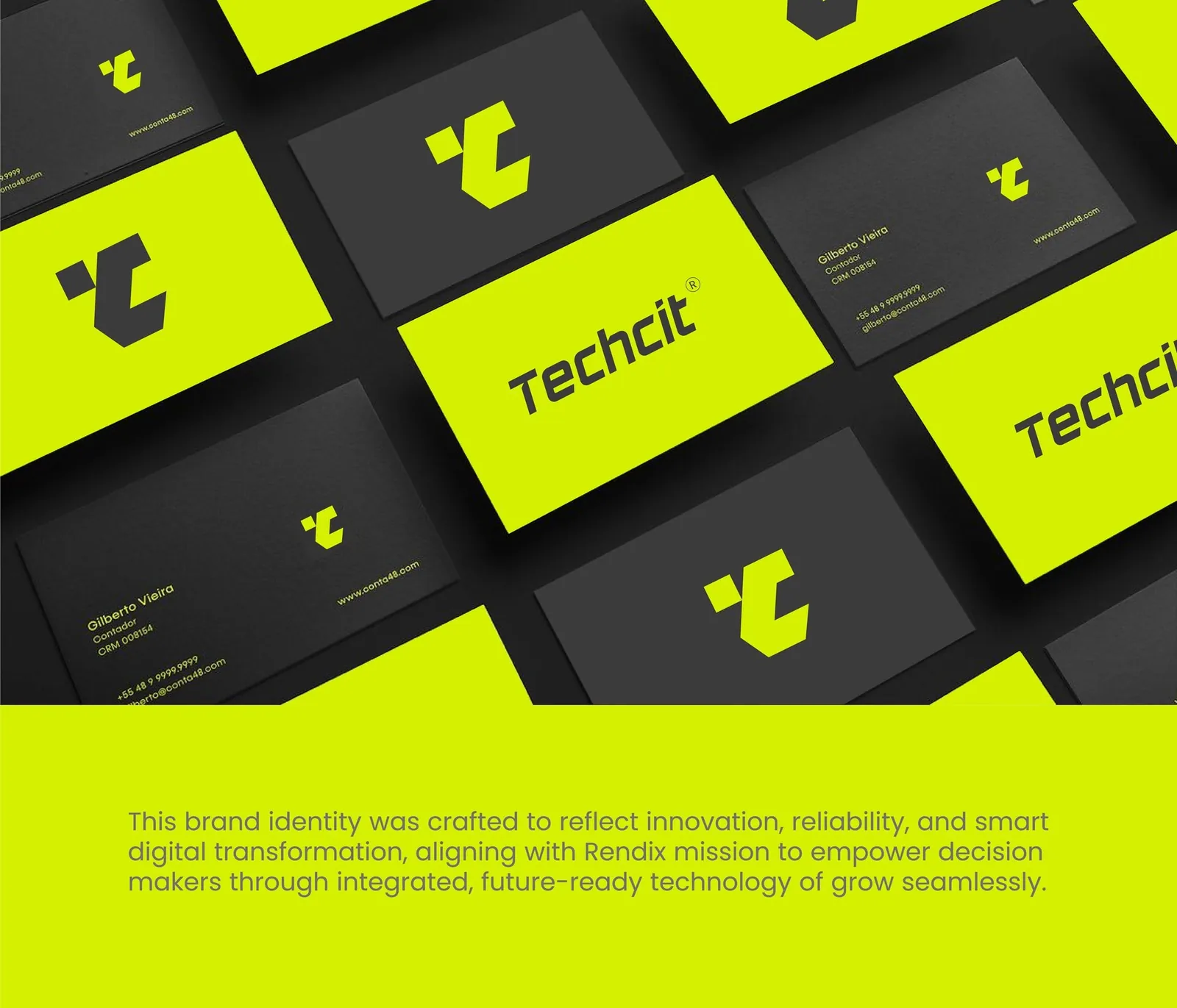 Techcit business cards — alternating volt-green and black duplex cards with the monogram