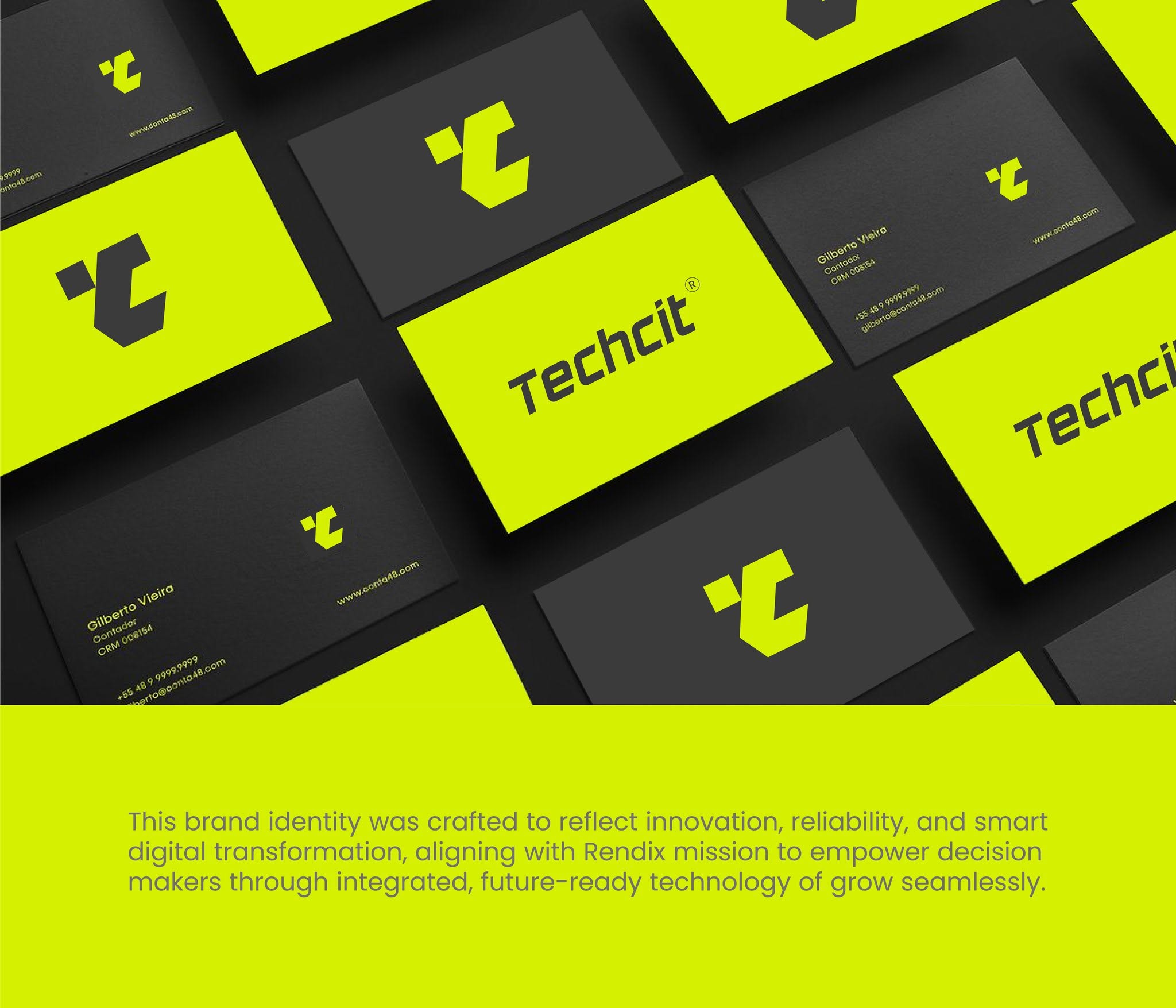 Techcit business cards — alternating volt-green and black duplex cards with the monogram