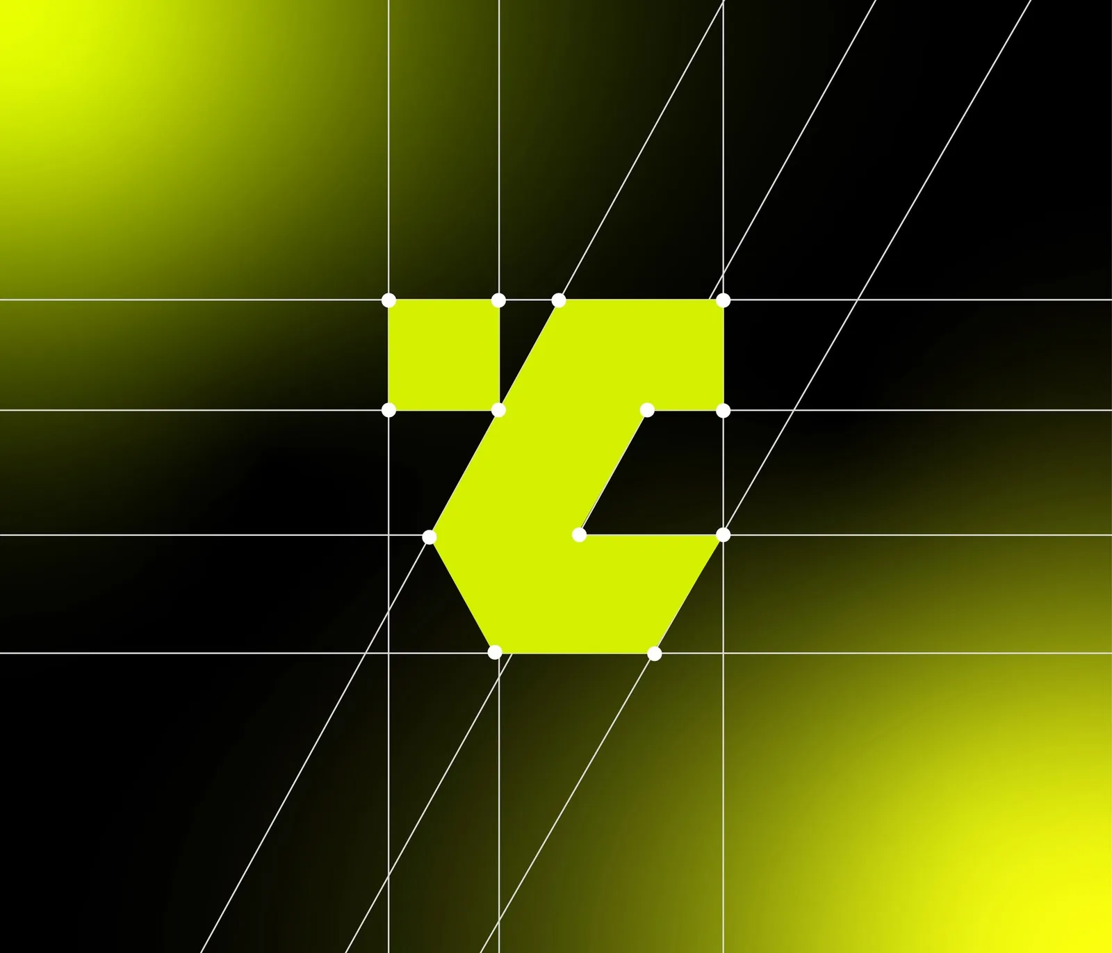 Techcit monogram construction — the TC ligature drawn on its geometric grid with anchor points