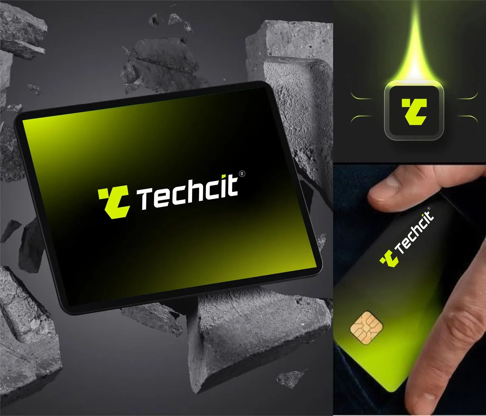 Techcit on screens — tablet splash screen, glowing app icon and branded payment card