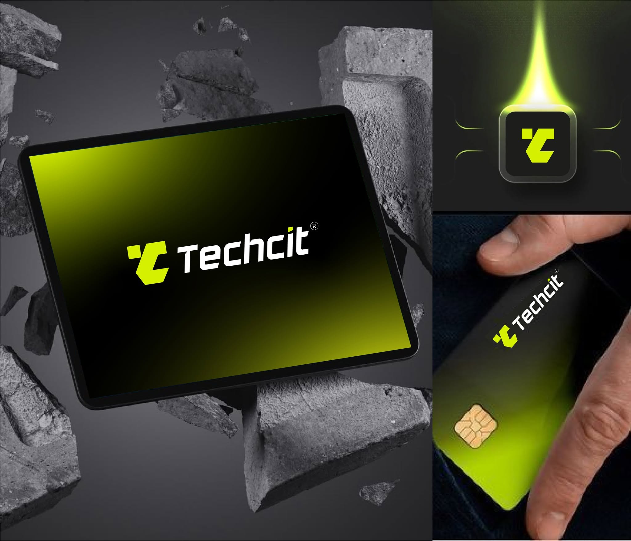 Techcit on screens — tablet splash screen, glowing app icon and branded payment card