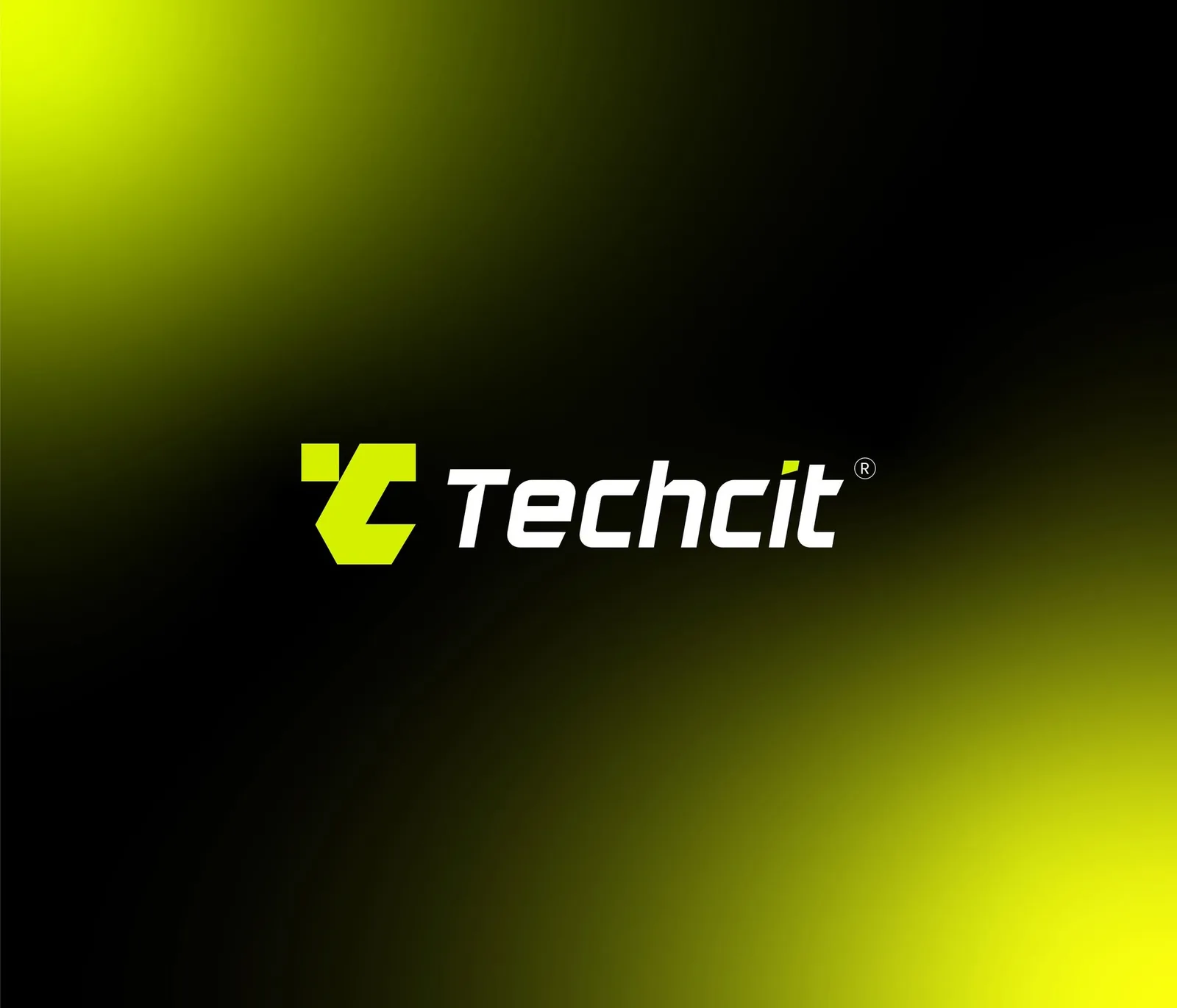 Techcit lockup — volt-green monogram and white italic wordmark on black