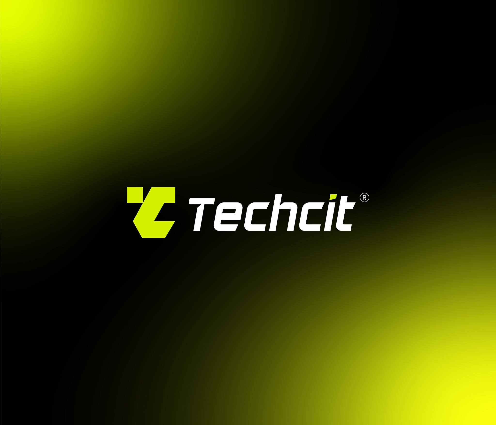 Techcit primary lockup — volt-green TC monogram with a white italic wordmark on black