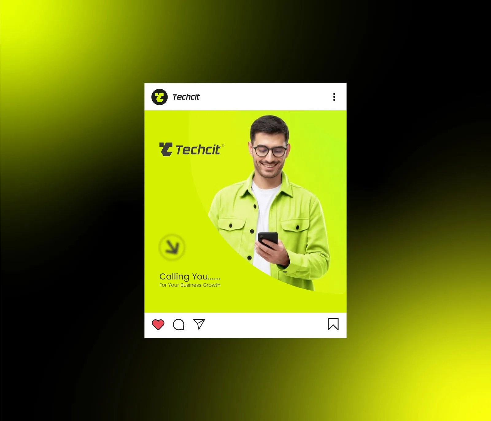 Techcit social media post — volt-green Instagram layout with campaign portrait and logo lockup