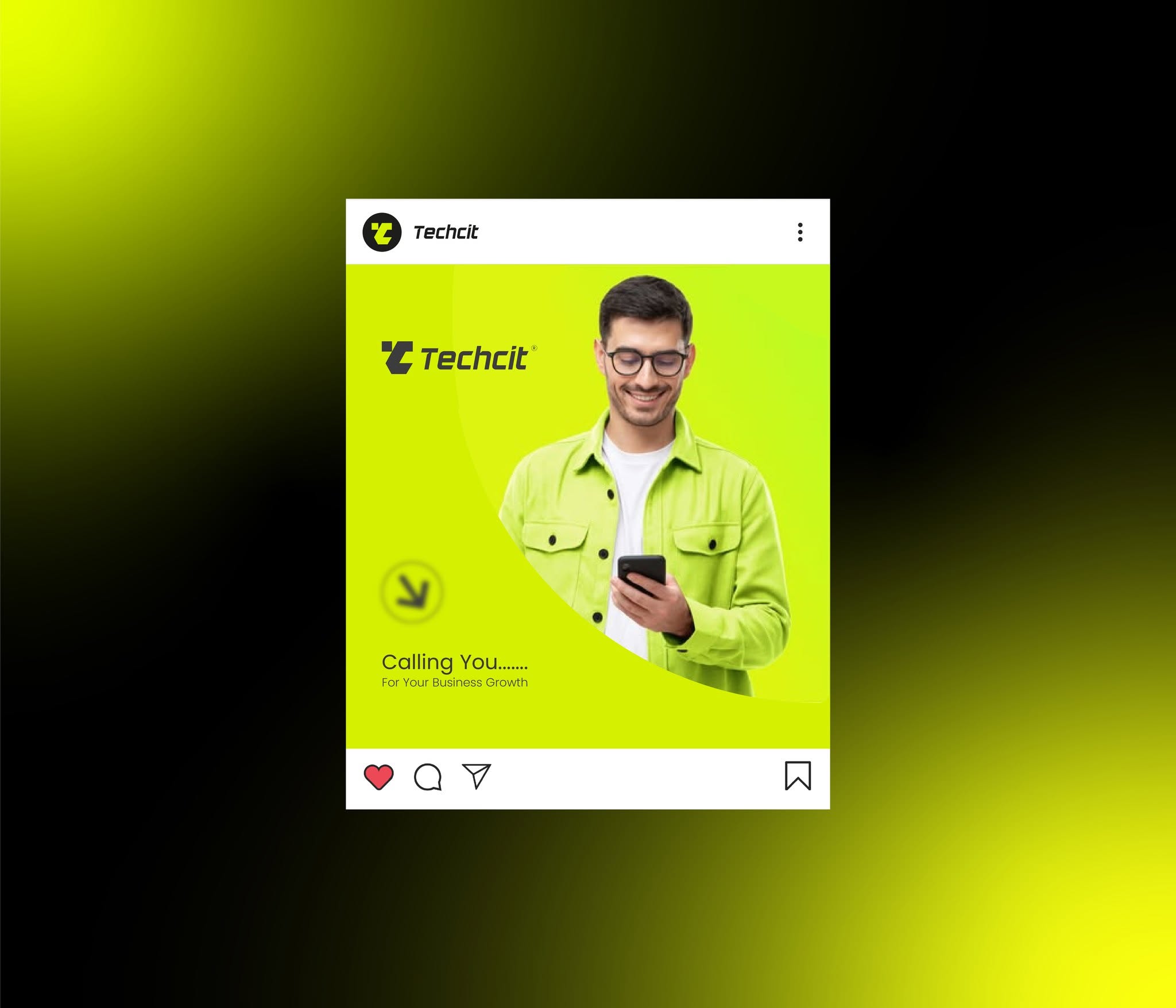 Techcit social media post — volt-green Instagram layout with campaign portrait and logo lockup
