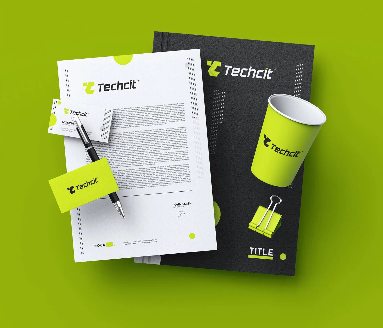 Techcit stationery system — letterhead, business cards, branded cup and black folder on volt green
