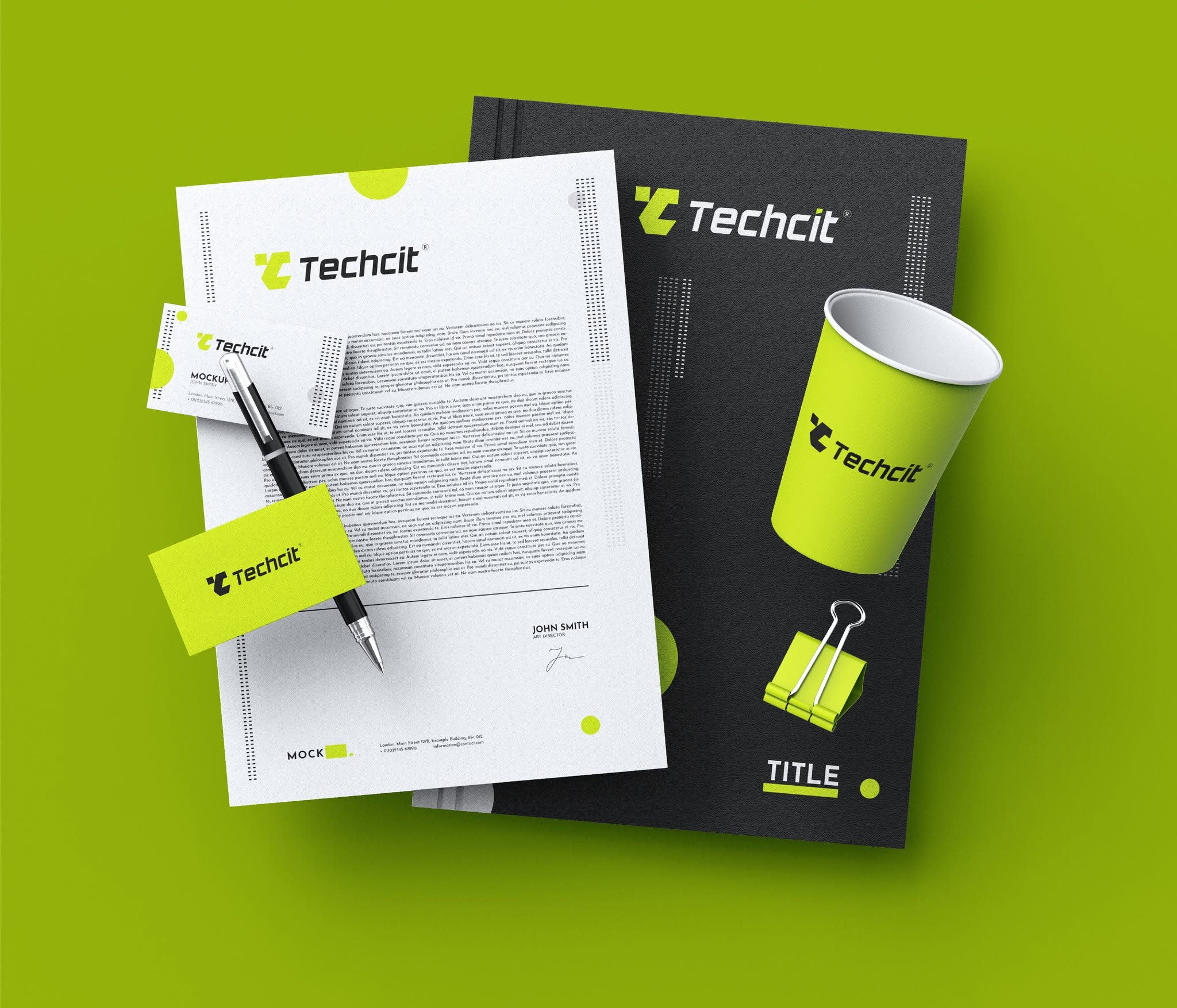 Techcit stationery system — letterhead, business cards, branded cup and black folder on volt green